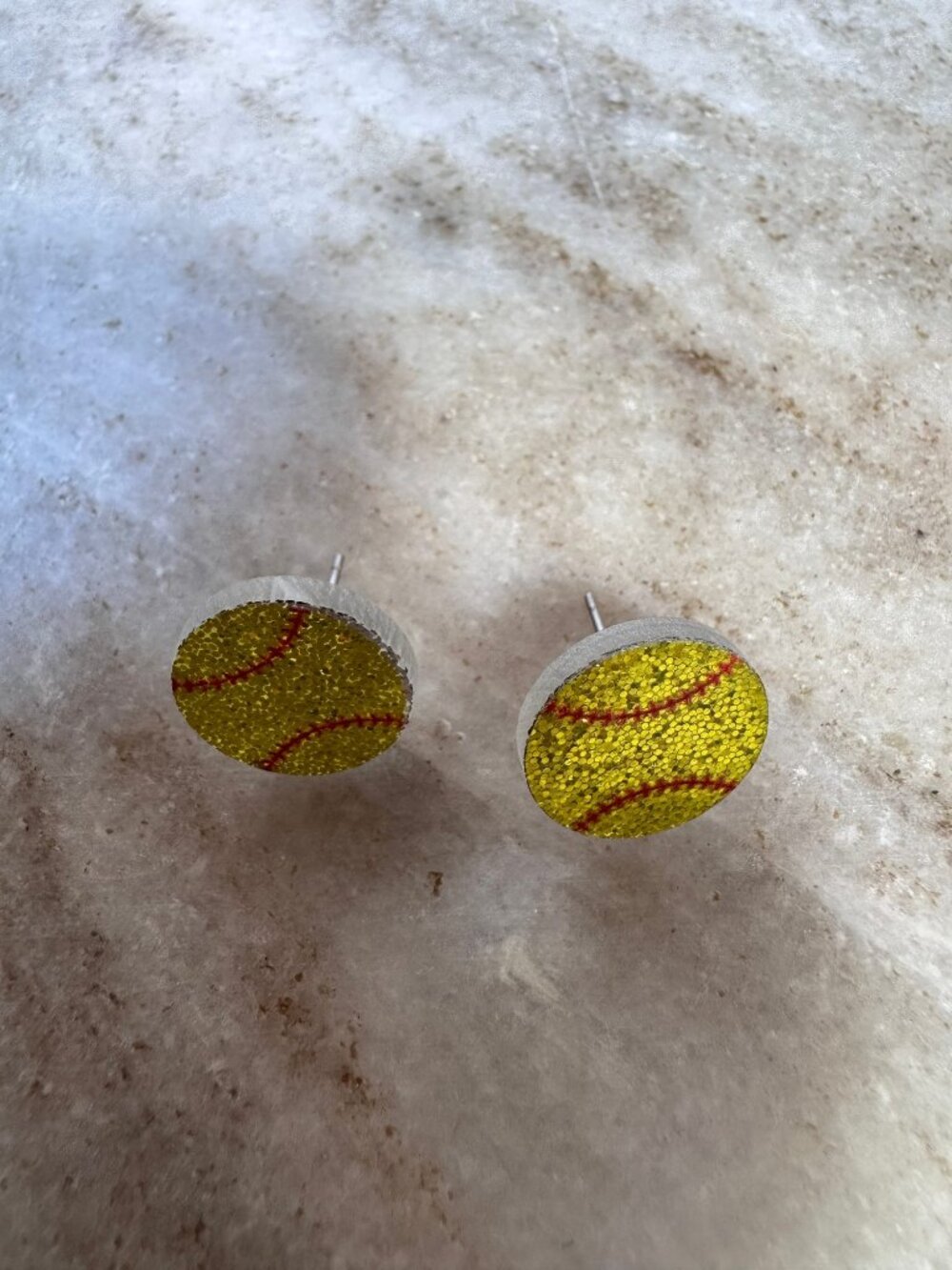 Yellow Glitter Softball Stud Earrings — Sparkly Acrylic Game Day Studs, 3/4"